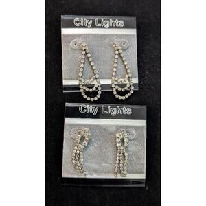 City Lights Rhinestone Teardrop Loop Dangle Pierced Earrings NOS Original Card